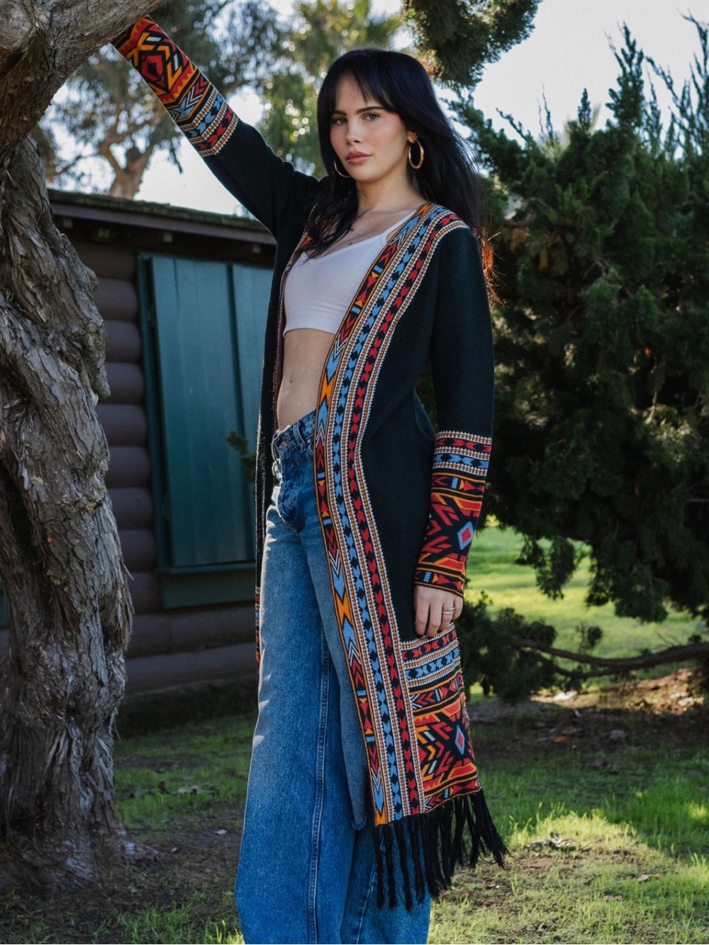 Long Black Aztec-Trim Open Cardigan Sweater
